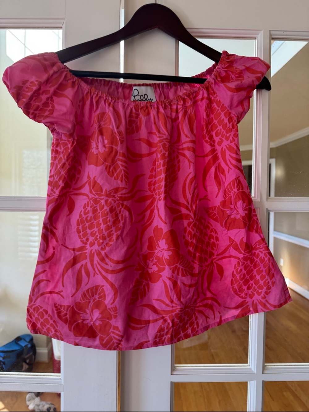 Lilly Pulitzer Pink and Coral Tropical Print Off-Shoulder Blouse